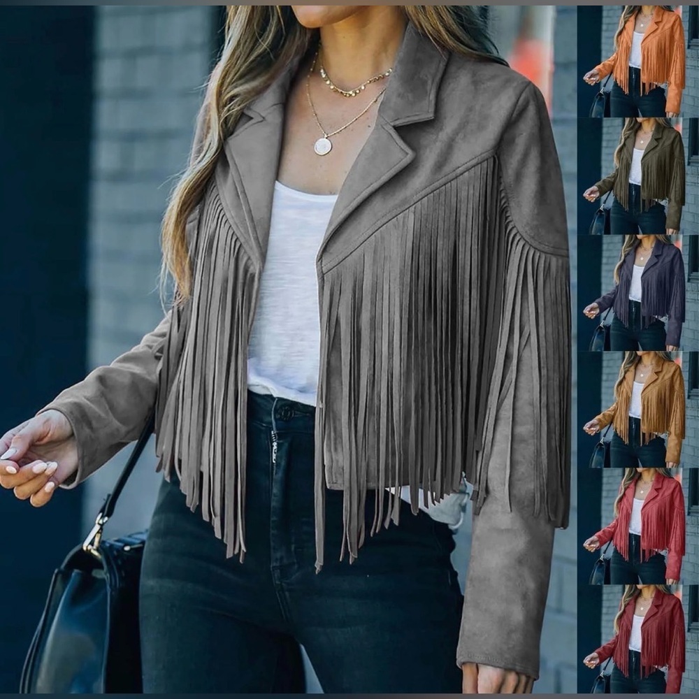 **NWT** Blue B Collection Faux Suede Women's Gray Fringe Jacket - Picture 4 of 15